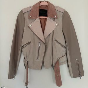 All Saints Balfern Biker Jacket Suede Leather Cream Pink Mix
